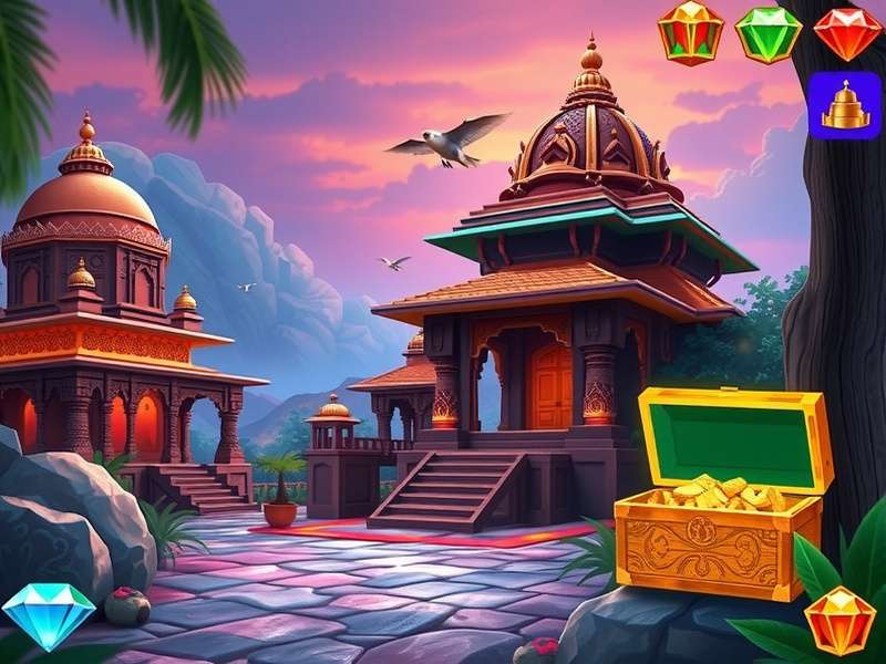Diamond Treasure Hunt gameplay screenshot showing Indian temples and treasure chests